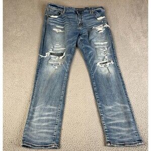 American Eagle Mens Athletic Fit Jeans Men 38x32 Blue  AirFlex+ Denim Distressed